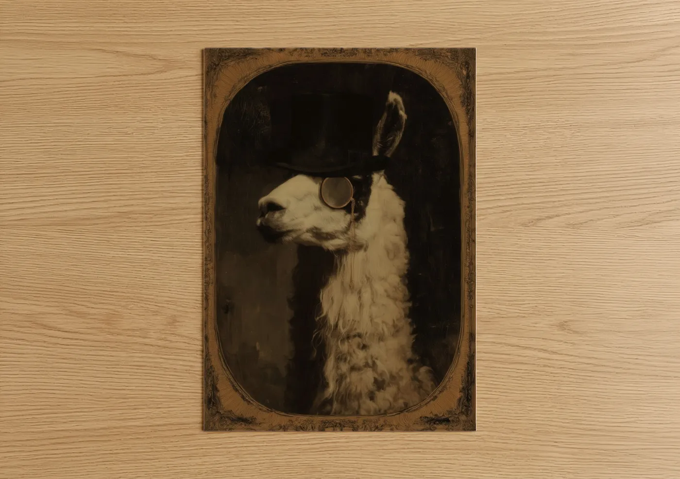 Art print on warm oak wood — black and cream palette — Steampunk Llama poster