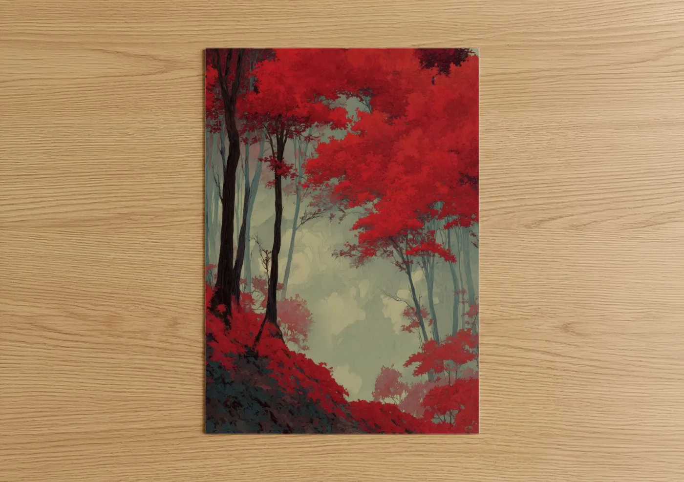 Art print on warm oak wood — red and dove gray palette — Crimson Maple Forest poster