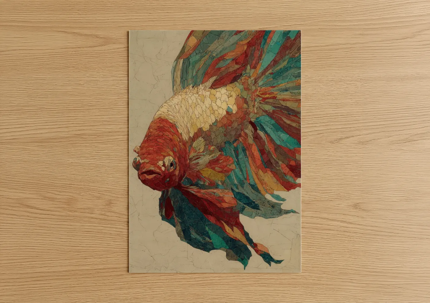 Betta fish art print on warm oak wood — red and teal palette — Crimson Betta Flow poster