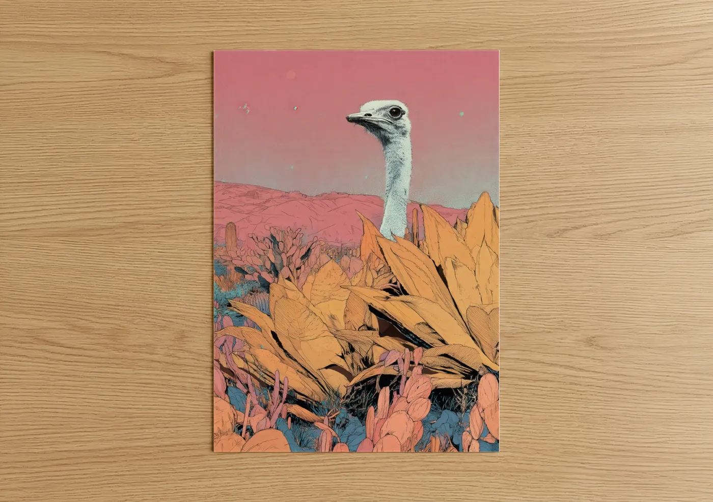 Art print on warm oak wood — salmon pink and gold palette — Desert Ostrich poster