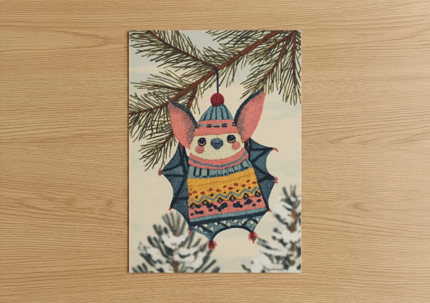 Art print on warm oak wood — pink and blue palette — Festive Bat Friend poster