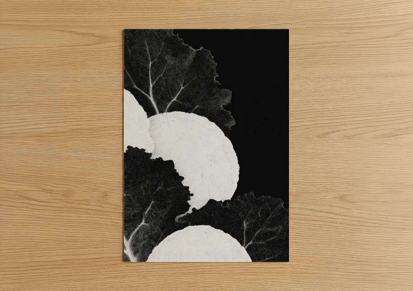 Salad art print on warm oak wood — black and white palette — Moonlit Greens poster