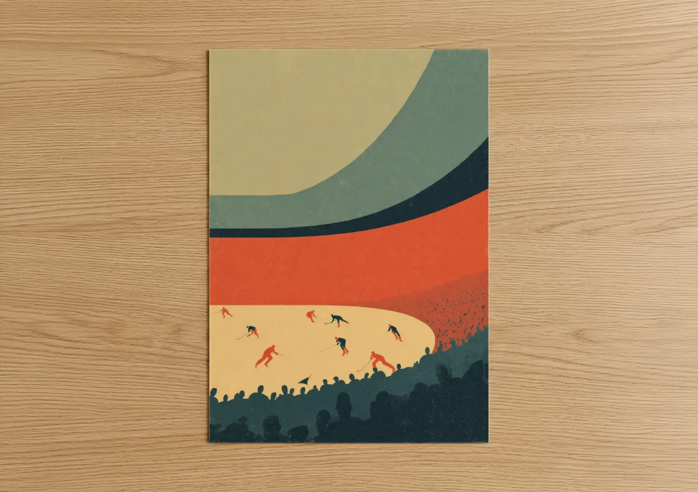 Ice hockey art print on warm oak wood — orange and teal palette — Dynamic Hockey Clash poster