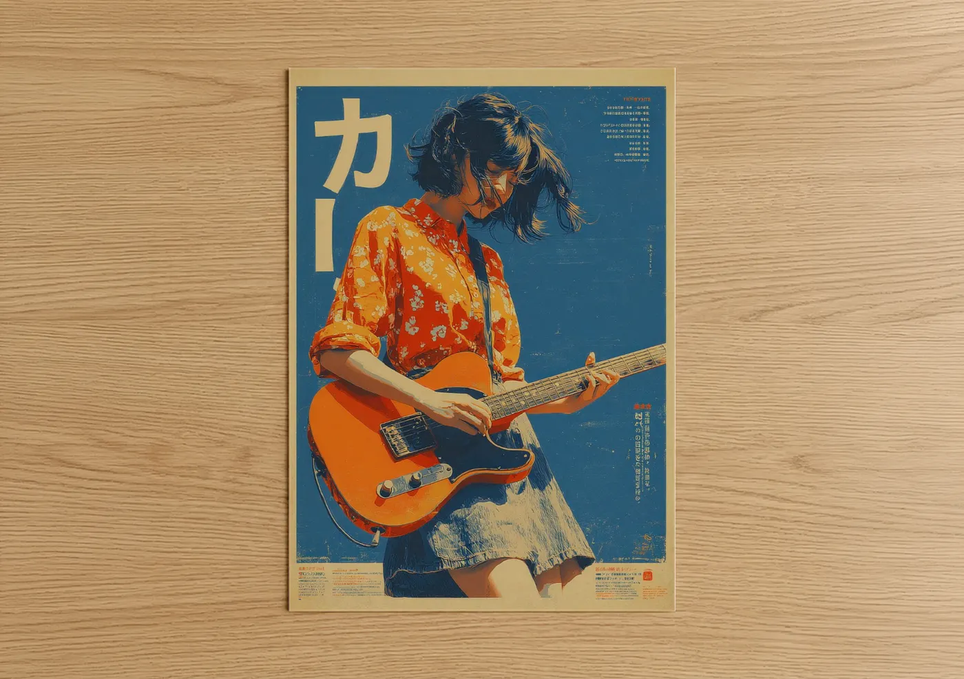 Vintage japanese ads art print on warm oak wood — blue and orange palette — Retro Guitar Player poster