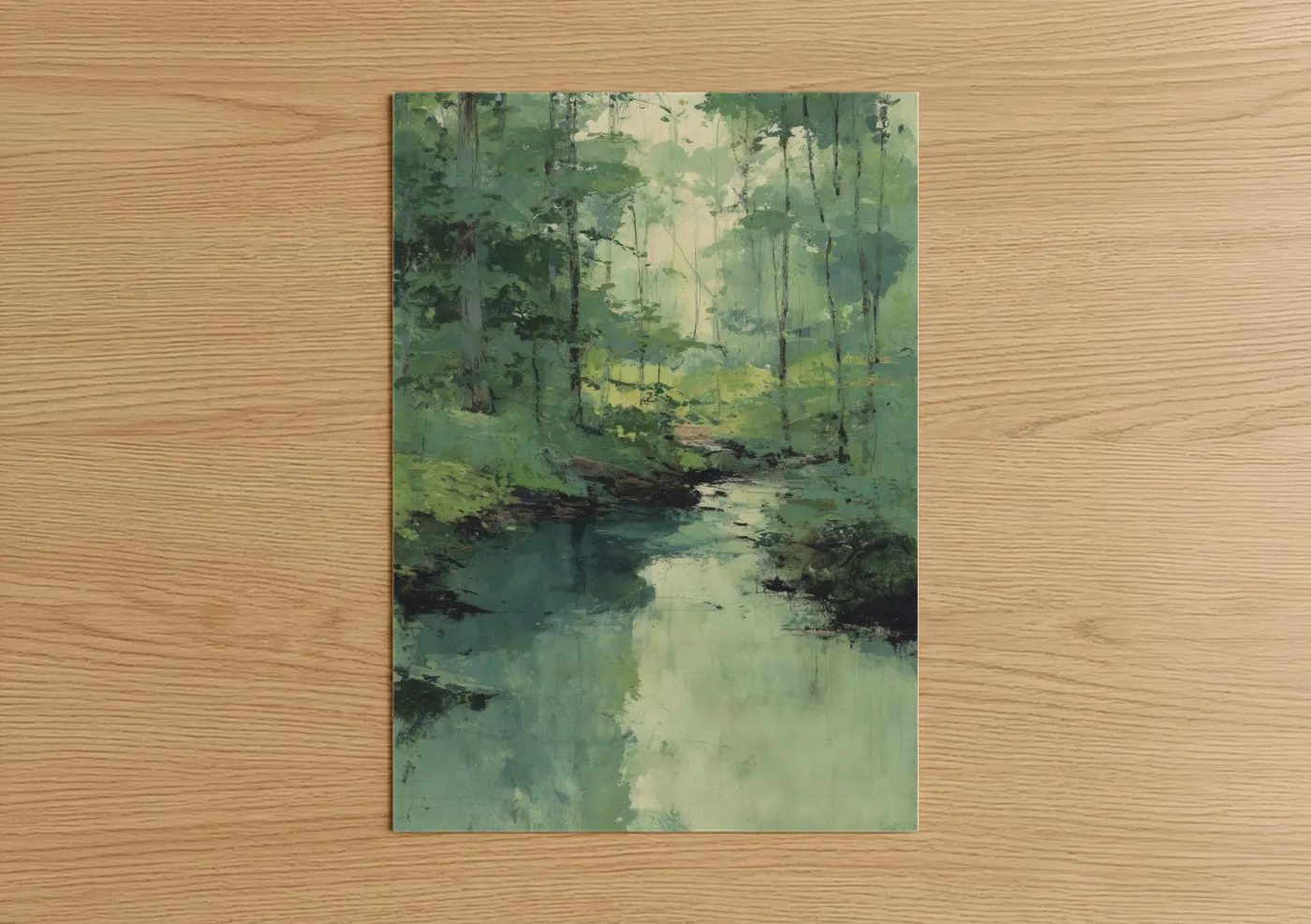 Misty Oak Forest Stream Watercolor Wall Art