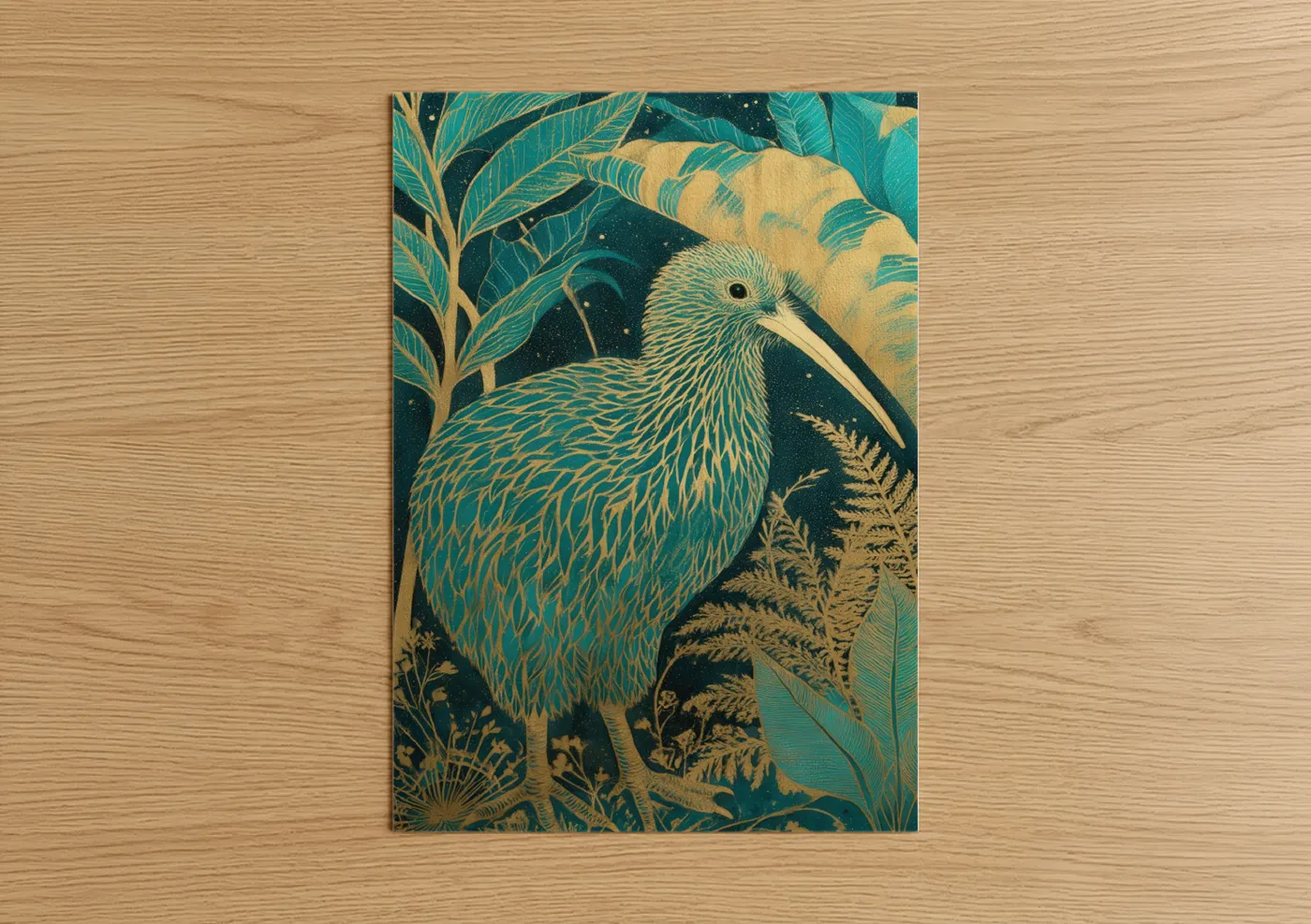 Art print on warm oak wood — gold and teal palette — Golden Kiwi poster