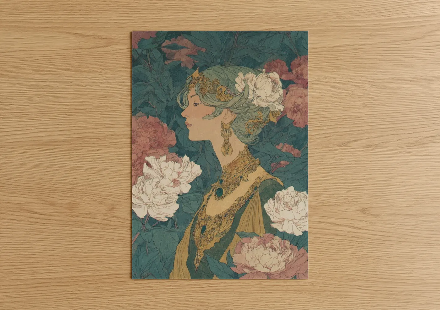 Golden Elf Maiden with Peonies Art Wall Art