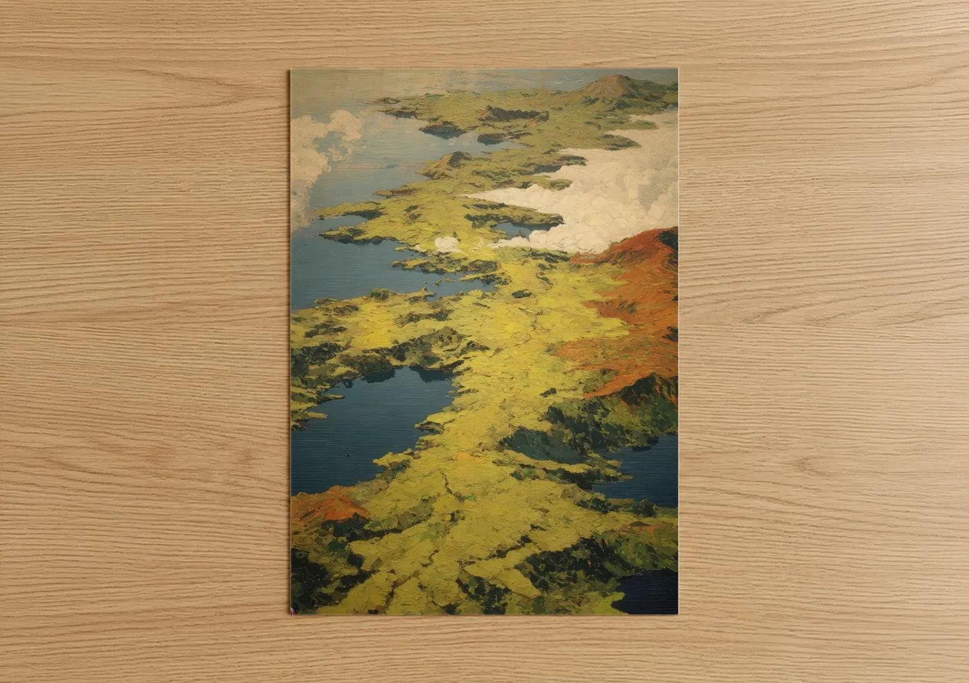 Art print on warm oak wood — mustard and blue palette — Sulfur Volcano Landscape poster
