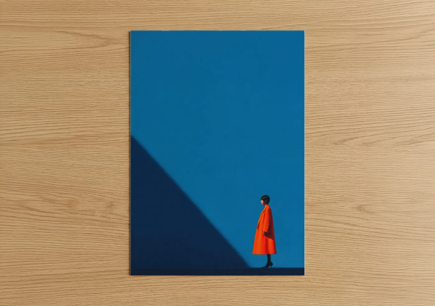 Women's fashion art print on warm oak wood — blue and orange palette — Orange Minimalist poster