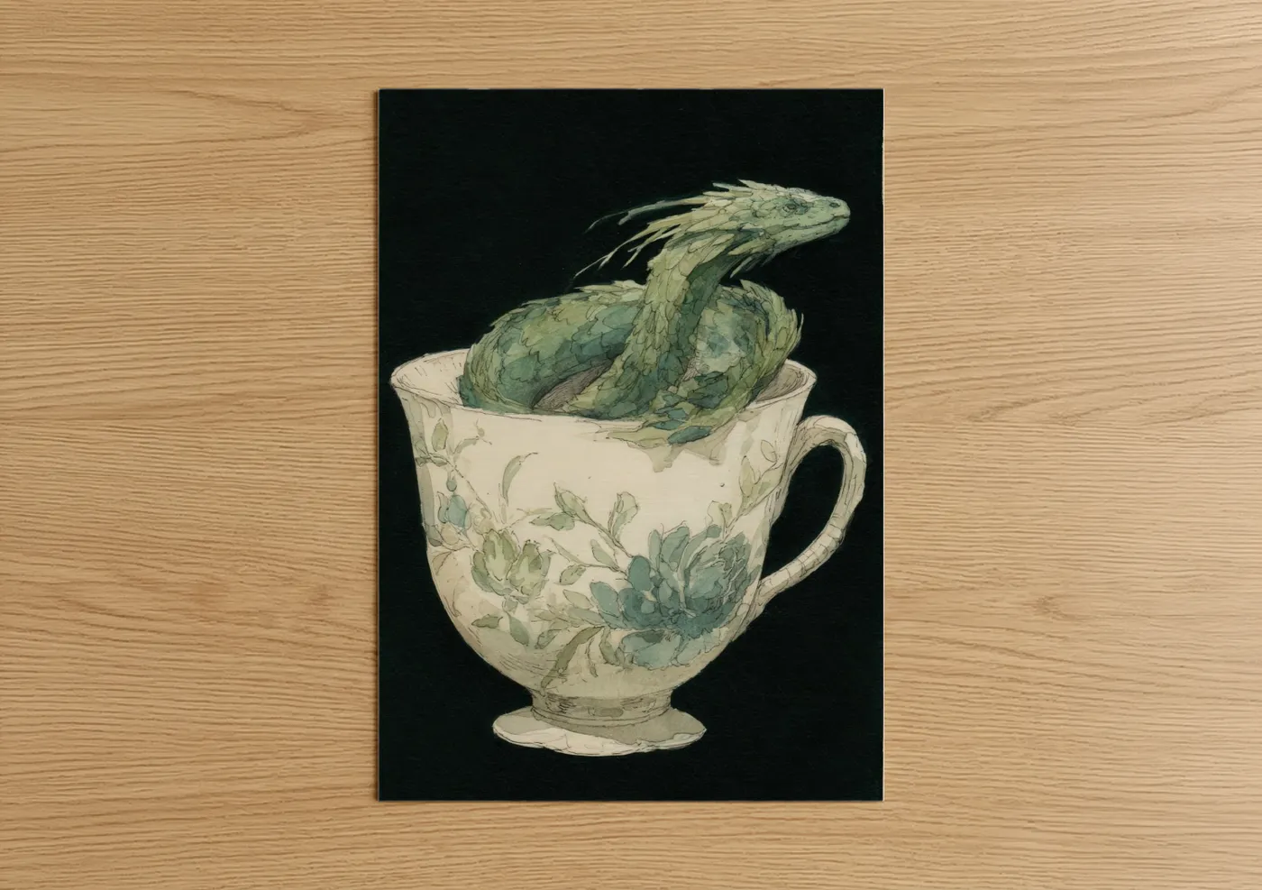 Whimsical Teacup Basilisk Illustration Wall Art