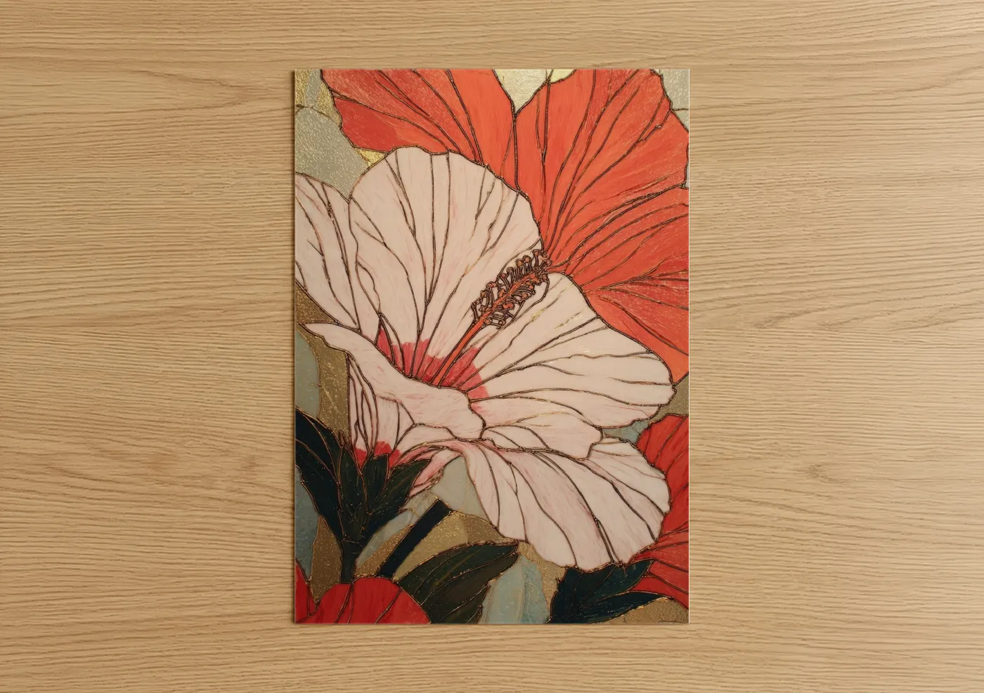 Art print on warm oak wood — peach and beige palette — Cream Hibiscus poster