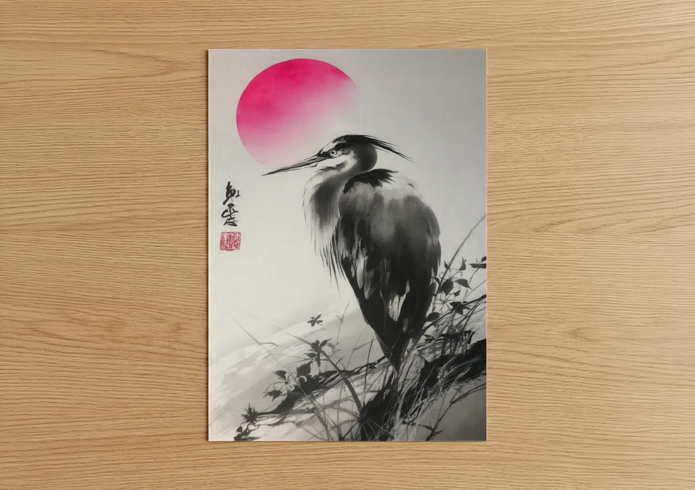 Crimson Moon Heron Japanese Ink Wall Art