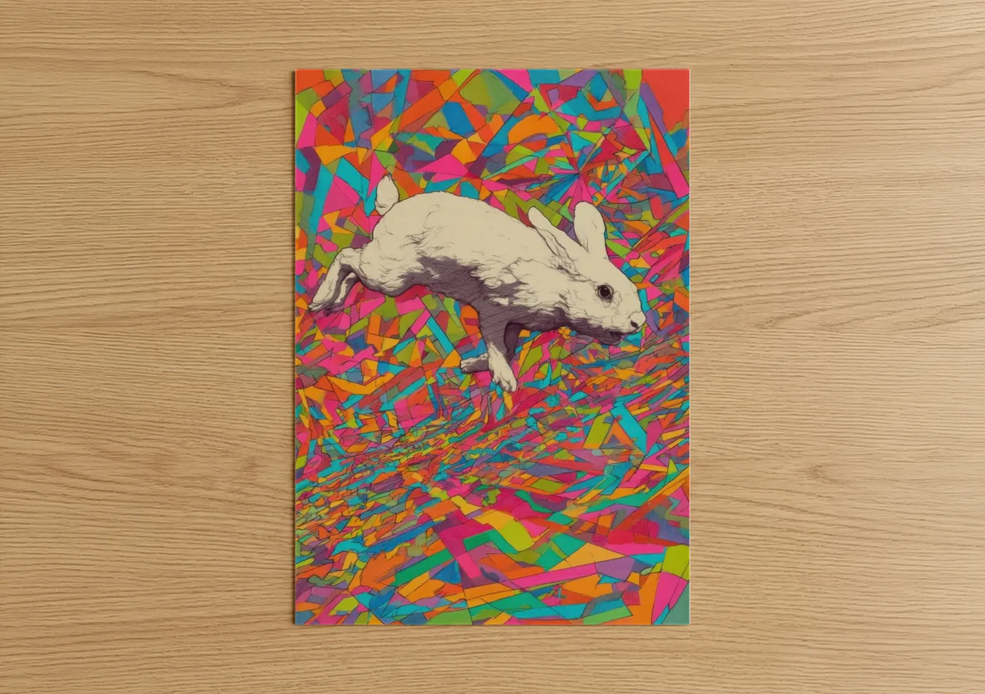 Art print on warm oak wood — magenta and orange palette — Colorful Rabbit Pop poster