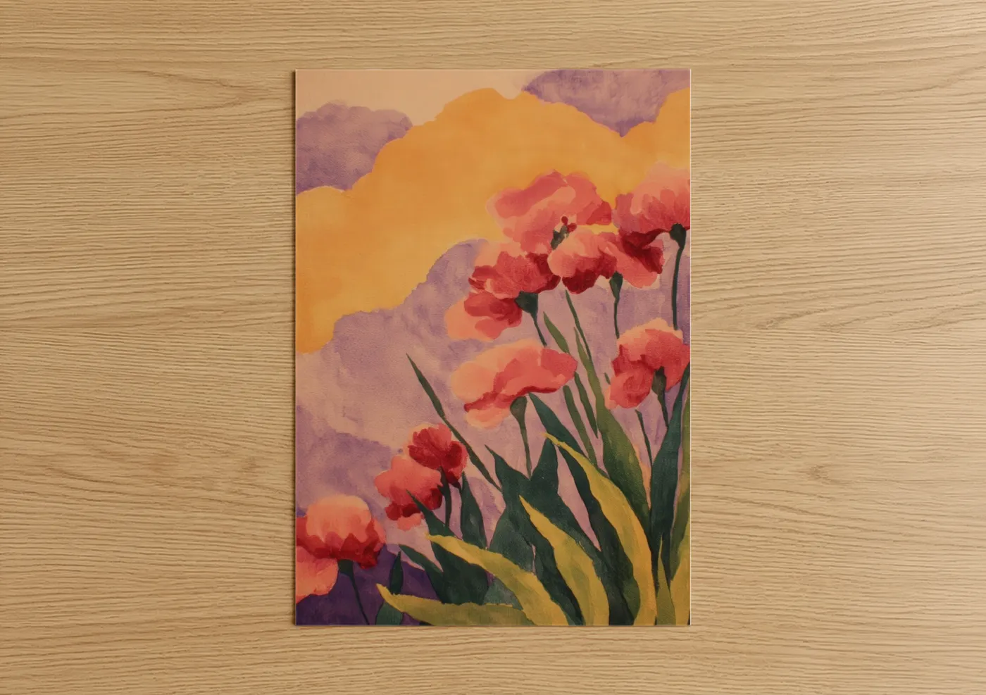 Crimson Poppy Field Sunrise Watercolor Wall Art