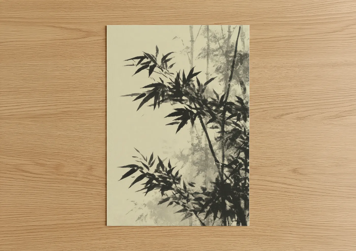 Bamboo jungle art print on warm oak wood — black and white and dove gray palette — Misty Bamboo Grove poster