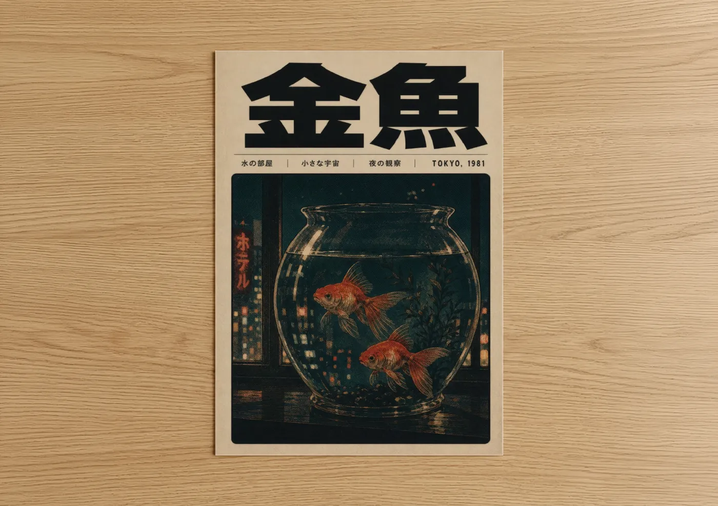 Art print on warm oak wood — orange and dark blue palette — Japanese Goldfish Bowl Retrofuturism Wall Art poster
