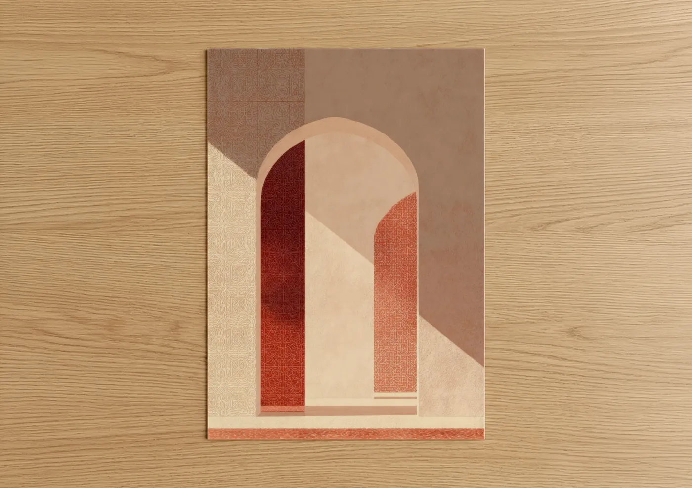 Islam art print on warm oak wood — peach and russet palette — Arched Sanctuary poster