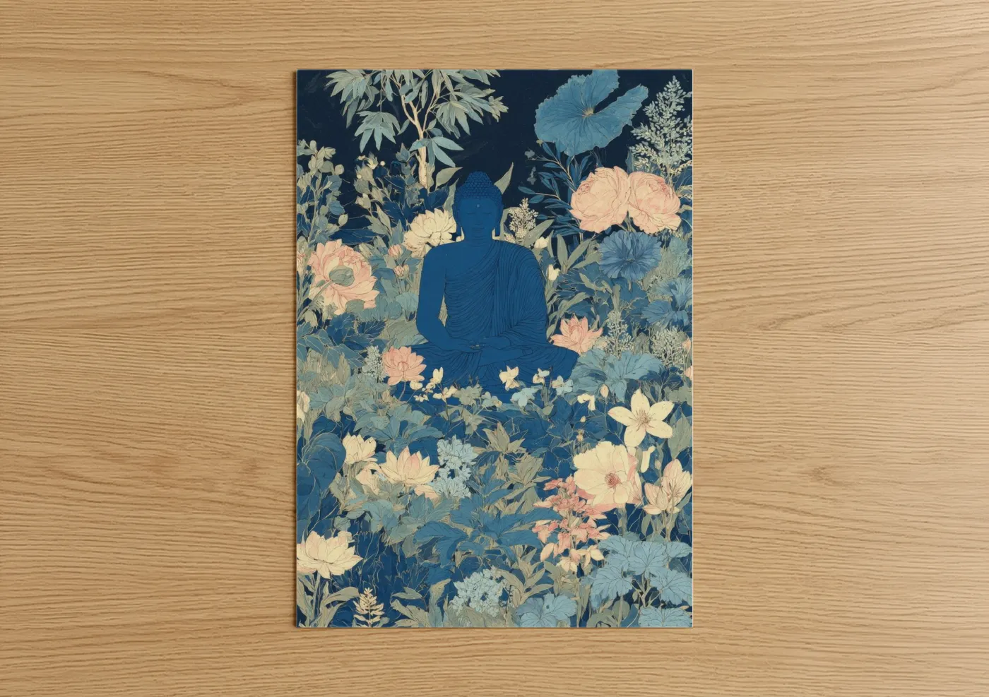 Hinduism art print on warm oak wood — blue and cream palette — Meditative Buddha Garden poster