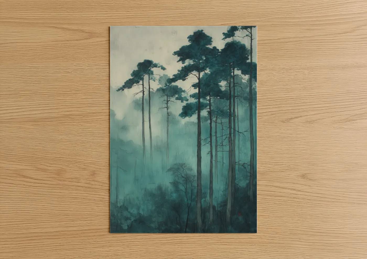 Forest trees art print on warm oak wood — teal and gray palette — Misty Pine Forest poster