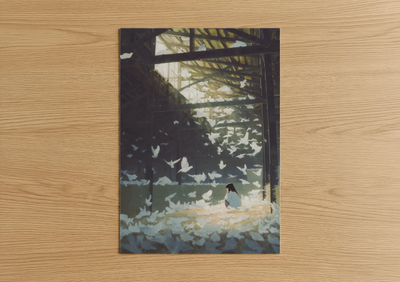 Art print on warm oak wood — white and gold palette — Serene Dove Sanctuary poster