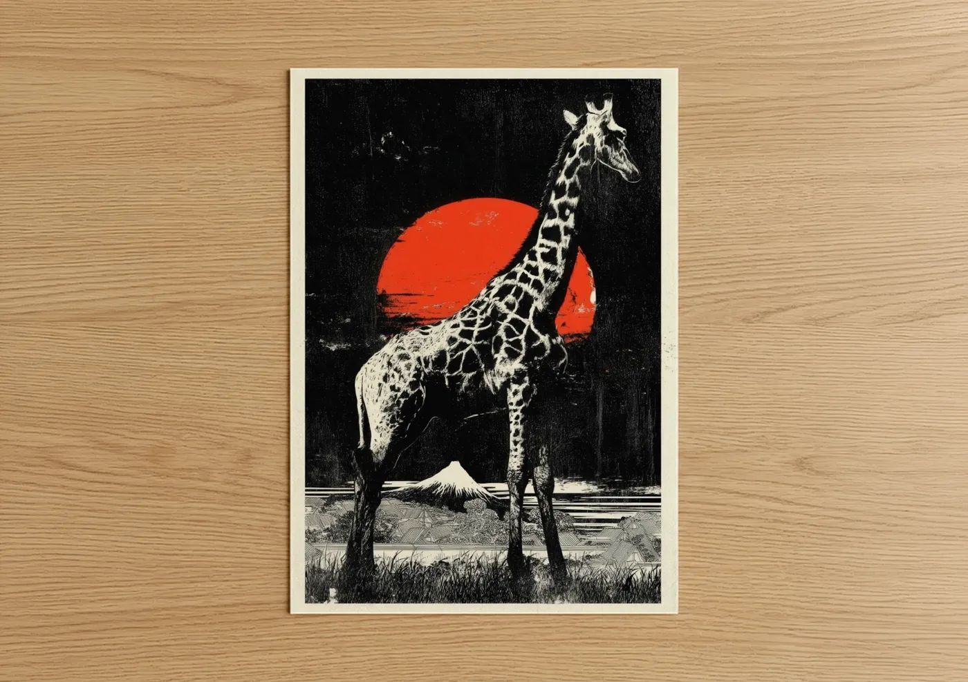 Giraffe Sunset Woodblock Print Wall Art