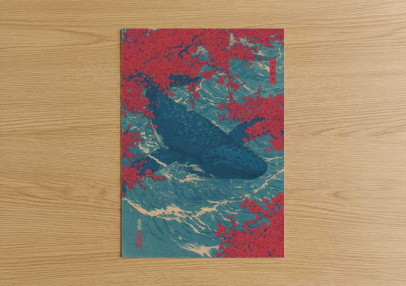 Blue whale art print on warm oak wood — red and teal palette — Crimson Whale Dance poster