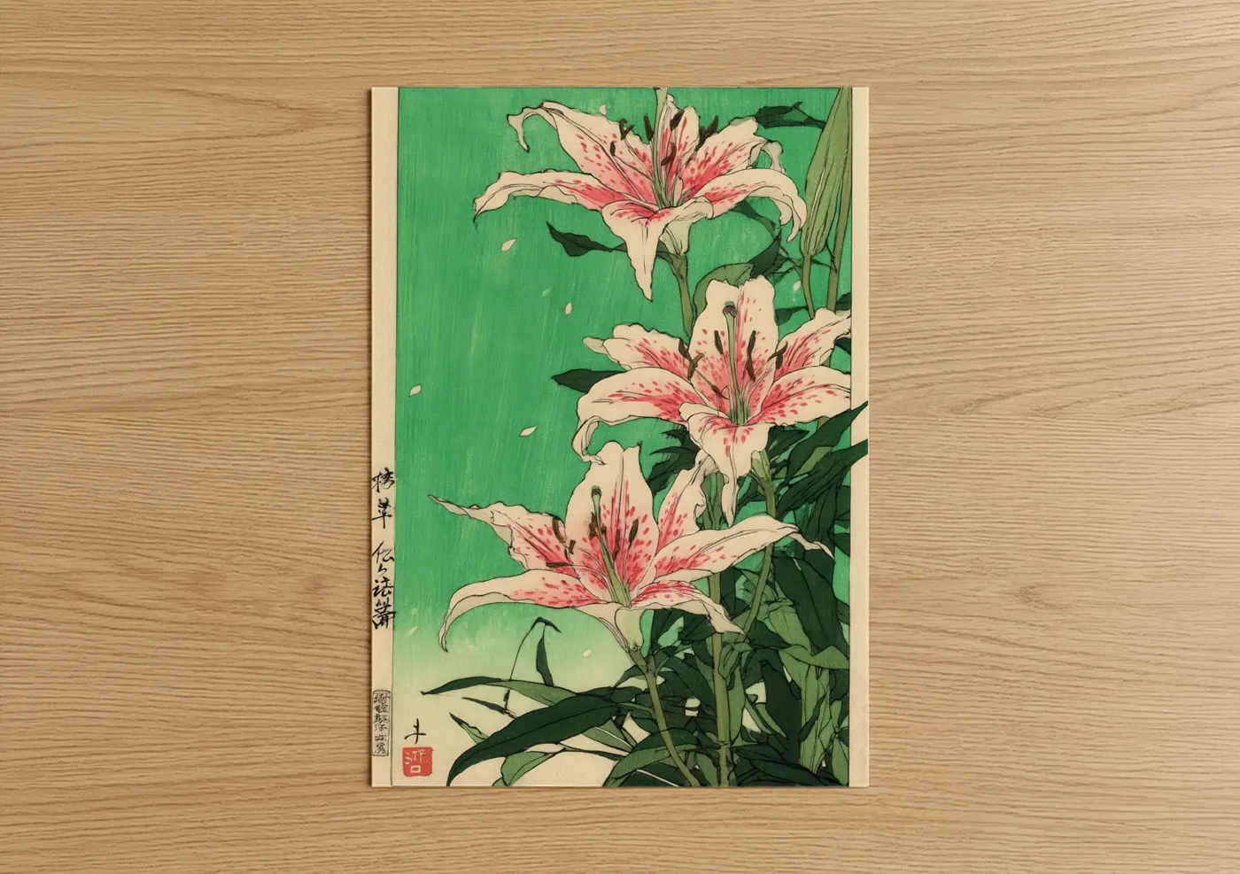 Pink Amaryllis Japanese Woodblock Wall Art
