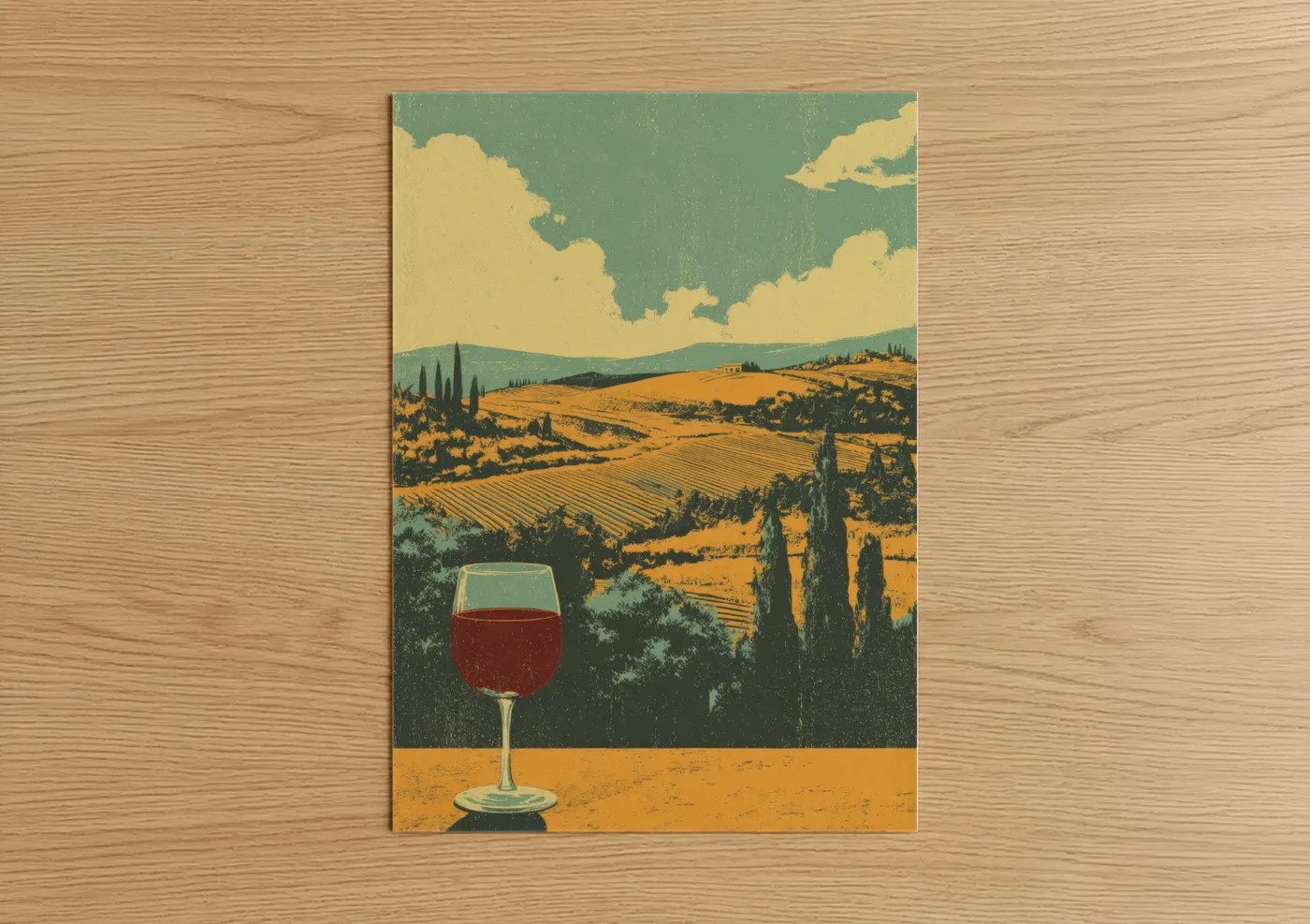 Red wine art print on warm oak wood — gold and sage green palette — Tuscan Vineyard Wine poster
