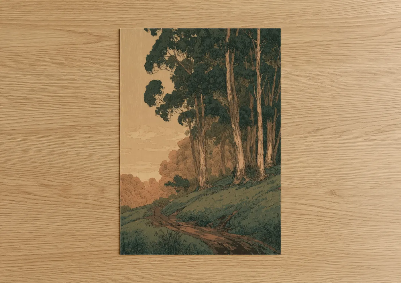 Eucalyptus Forest Sunrise Landscape Illustration Wall Art