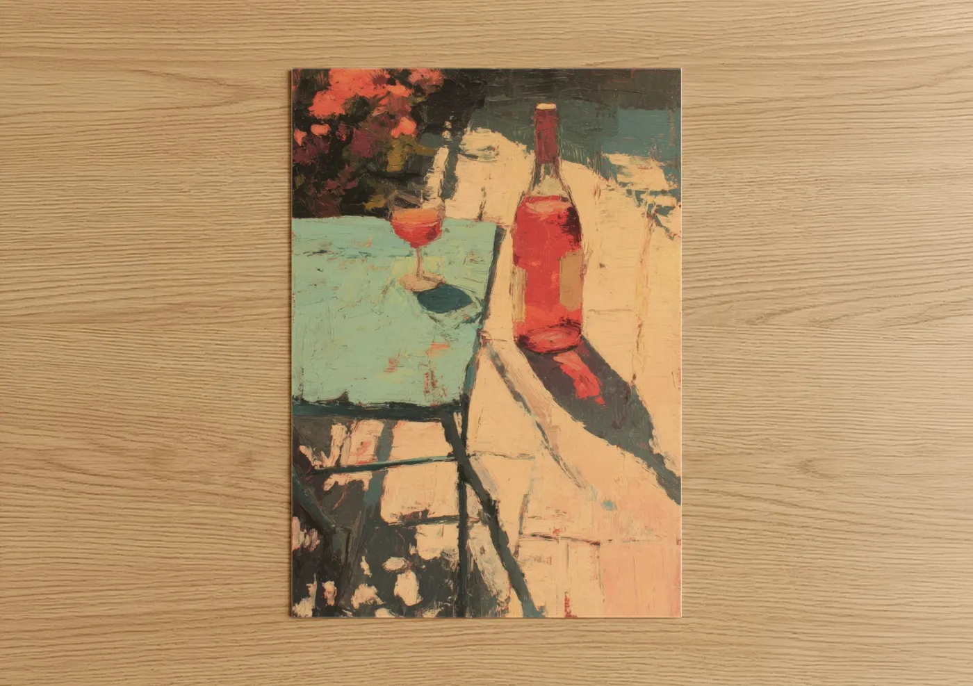 Rose wine art print on warm oak wood — peach and teal palette — Rosé Wine Afternoon poster