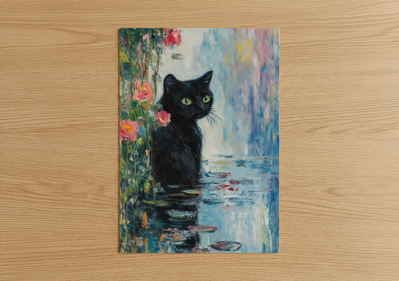 Black Cat Among Roses Oil Painting Wall Art