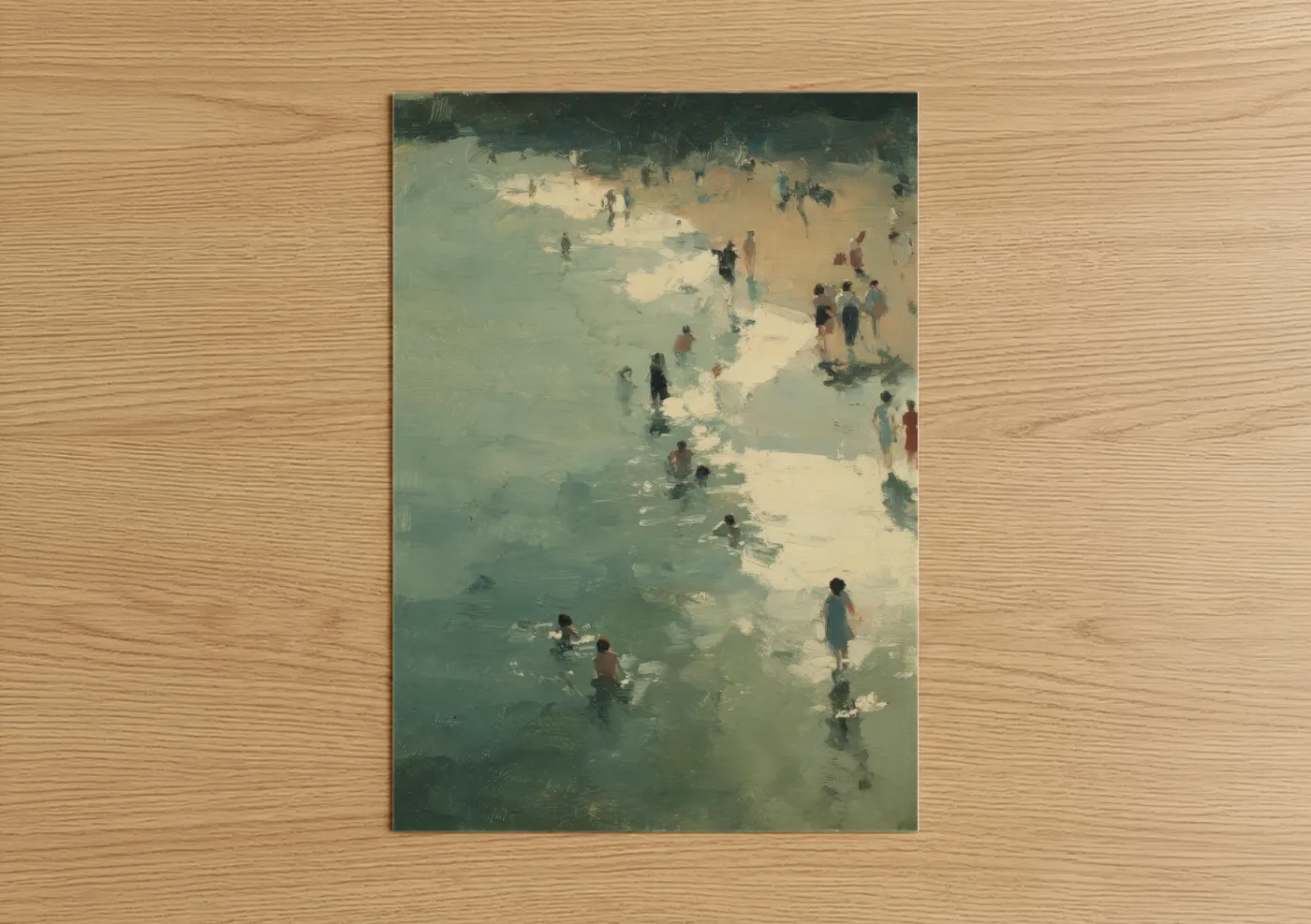 Swimming art print on warm oak wood — sage green and cream palette — Seaside Swimmers poster