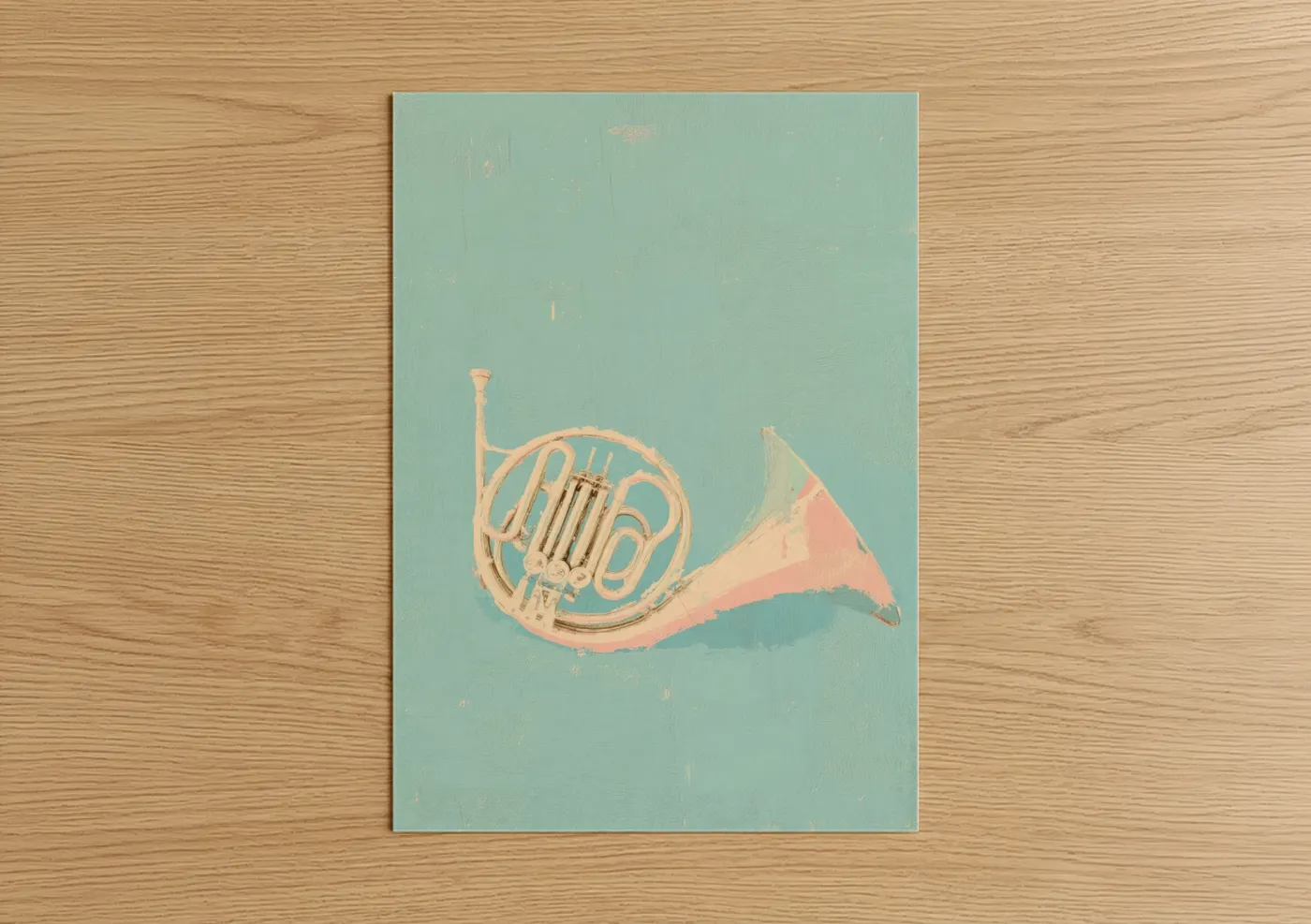 Art print on warm oak wood — light green and peach palette — Pastel French Horn poster