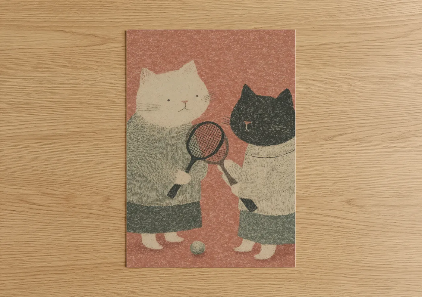 Tennis Cats Playful Illustration Wall Art