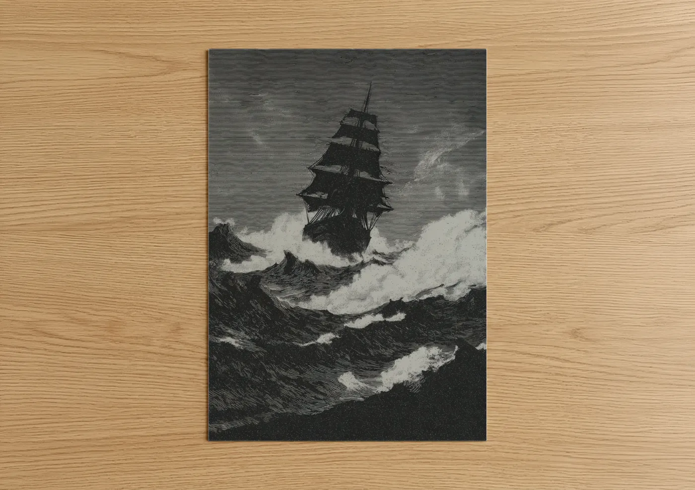 Old ships art print on warm oak wood — black and white palette — Stormy Seas Vessel poster