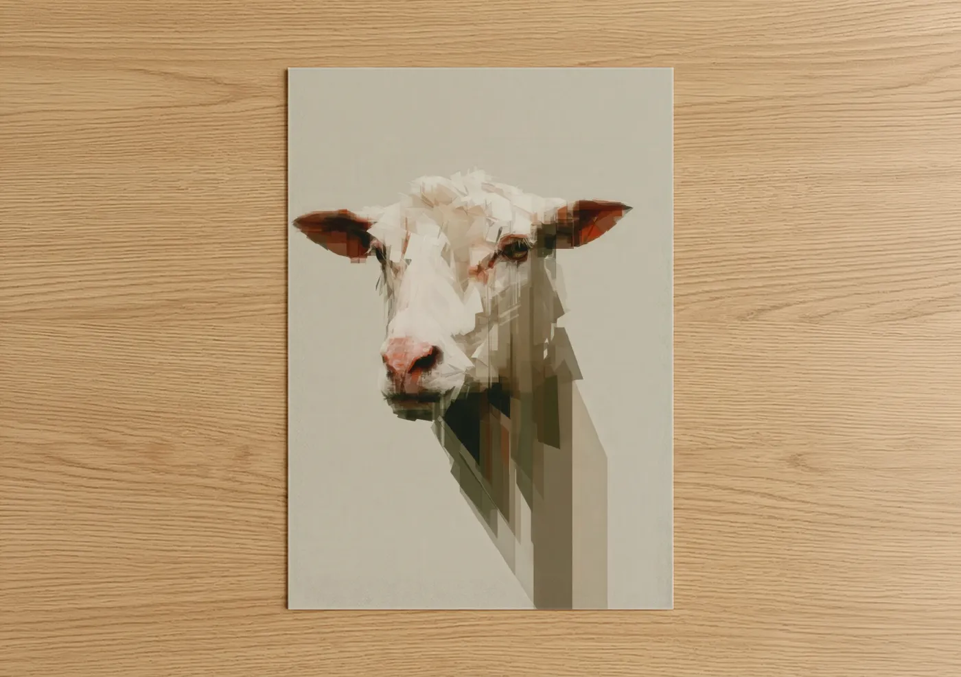 Art print on warm oak wood — beige and brown palette — Geometric Sheep poster