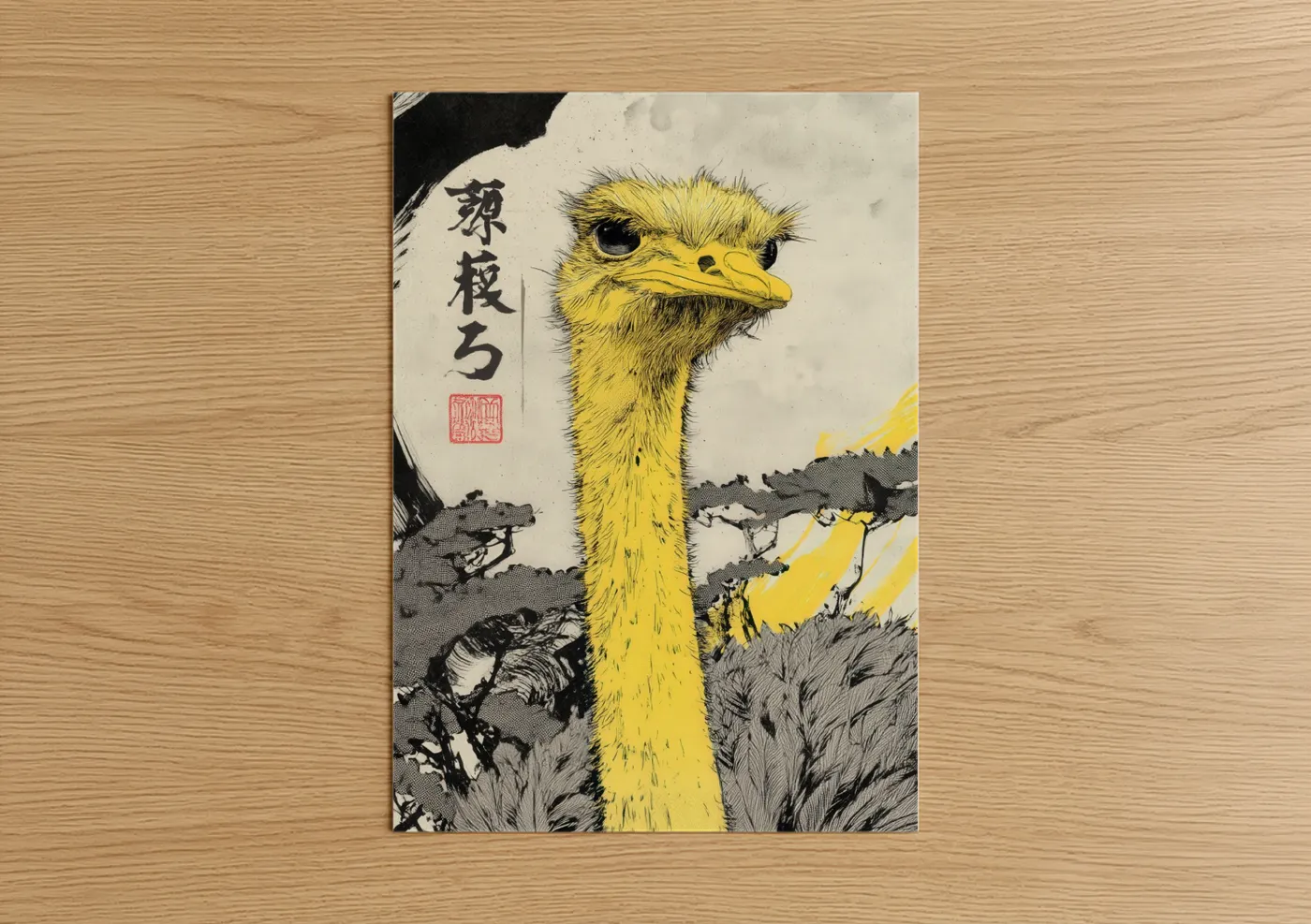Golden Ostrich Japanese Woodblock Wall Art