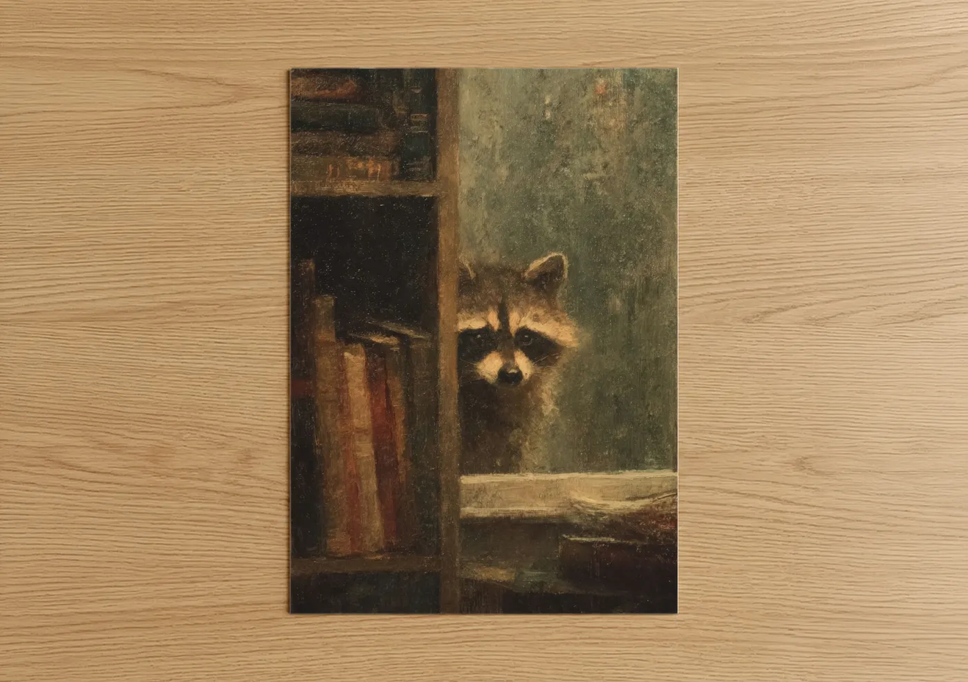 Art print on warm oak wood — brown and olive palette — Curious Raccoon poster