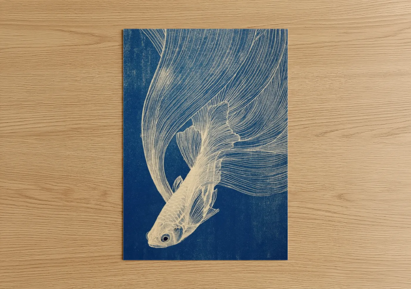 Art print on warm oak wood — blue and white and dark blue palette — Flowing Zebrafish poster