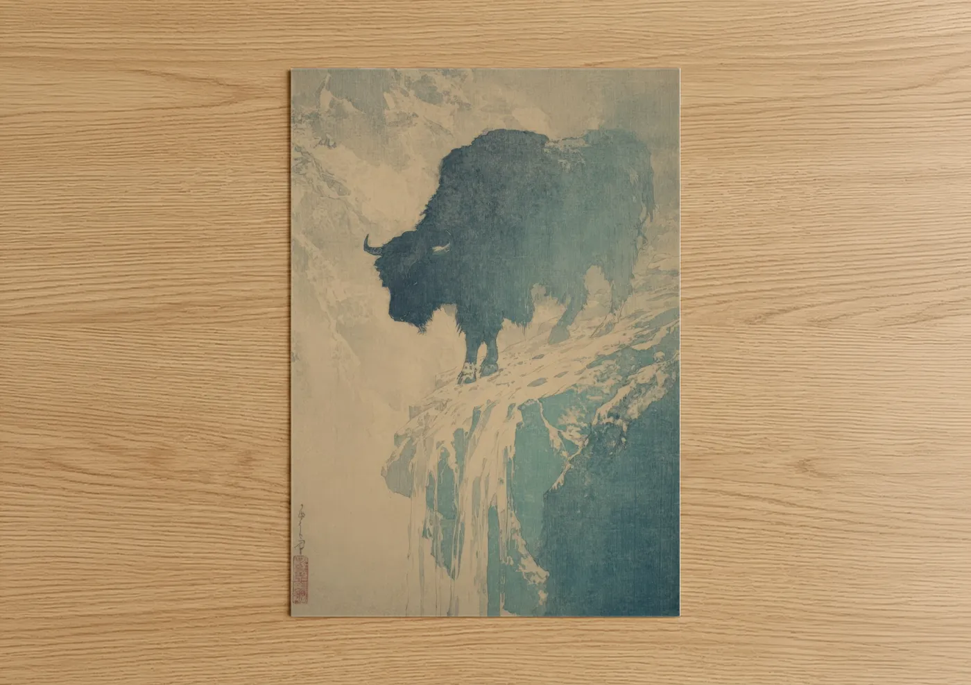 Art print on warm oak wood — teal and cream palette — Alpine Yak poster