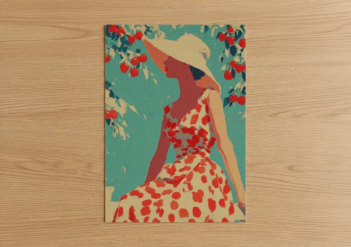 Vintage fashion art print on warm oak wood — teal and red palette — Strawberry Garden Woman poster