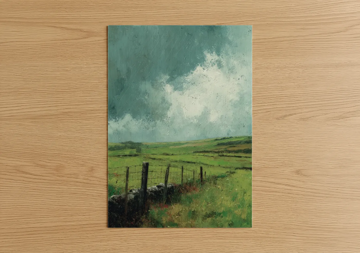 Stormy Green Field Landscape Painting Wall Art