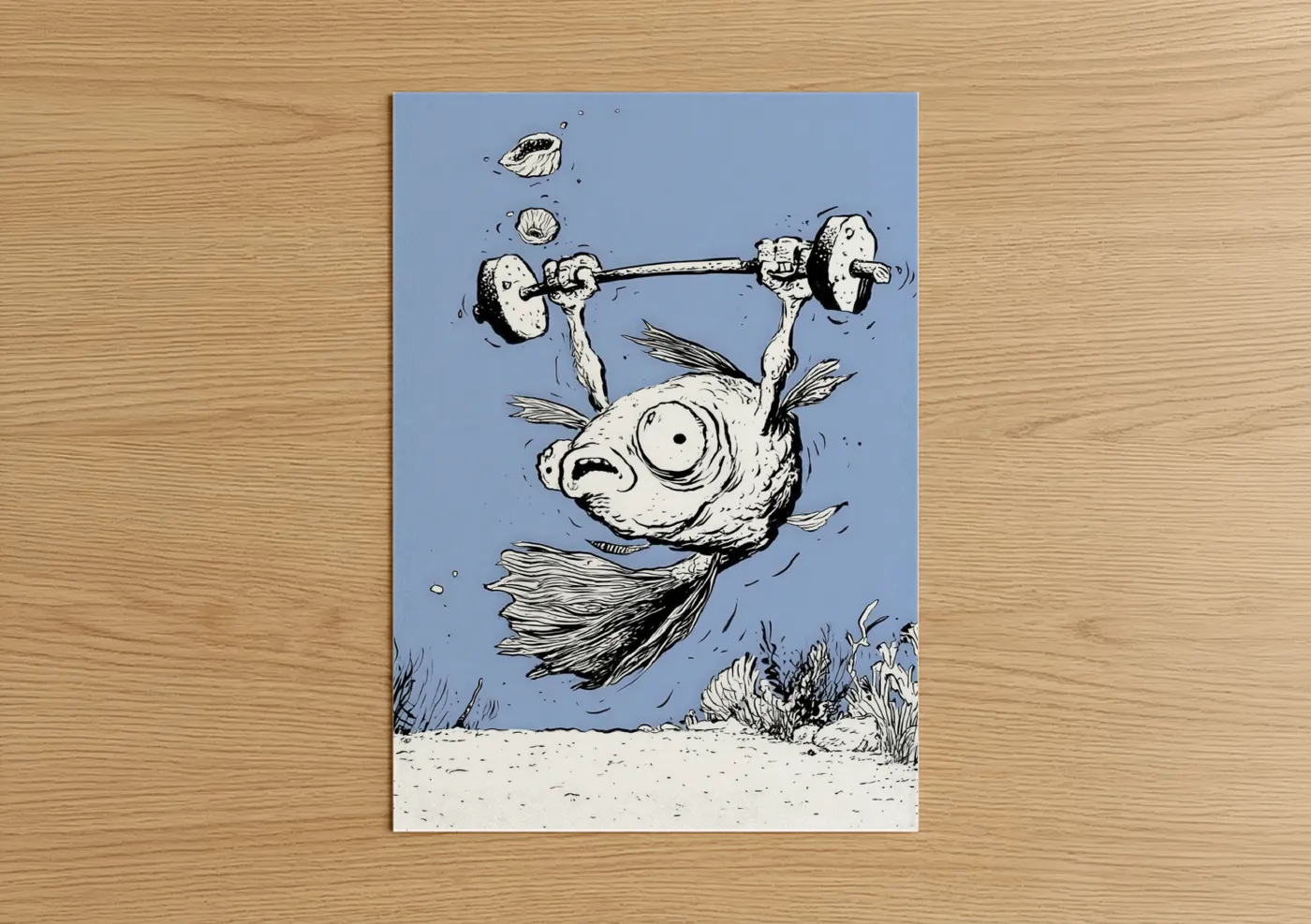 Funny Weightlifting Fish Cartoon Illustration Wall Art