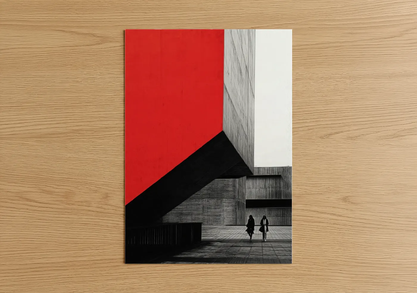 Abstract architecture art print on warm oak wood — red and black and white palette — Crimson Geometry poster