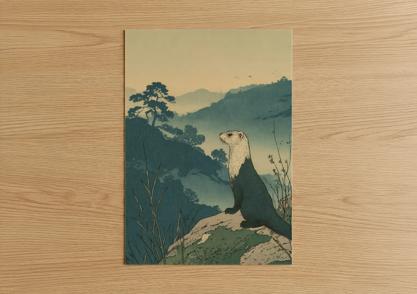 Mountain Weasel Misty Forest Landscape Wall Art