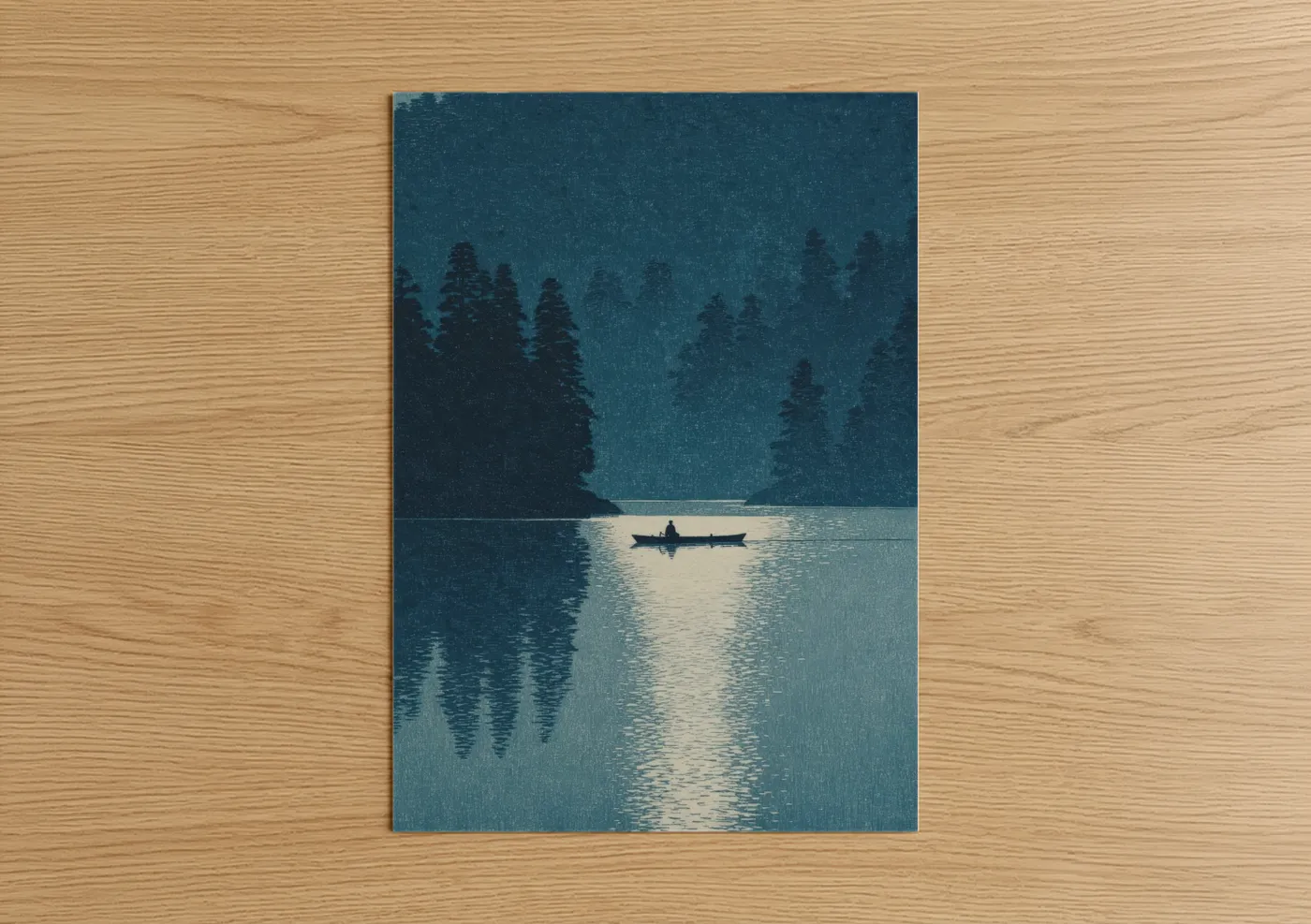 Canoeing and kayaking art print on warm oak wood — blue and white and teal palette — Solitude Lake poster