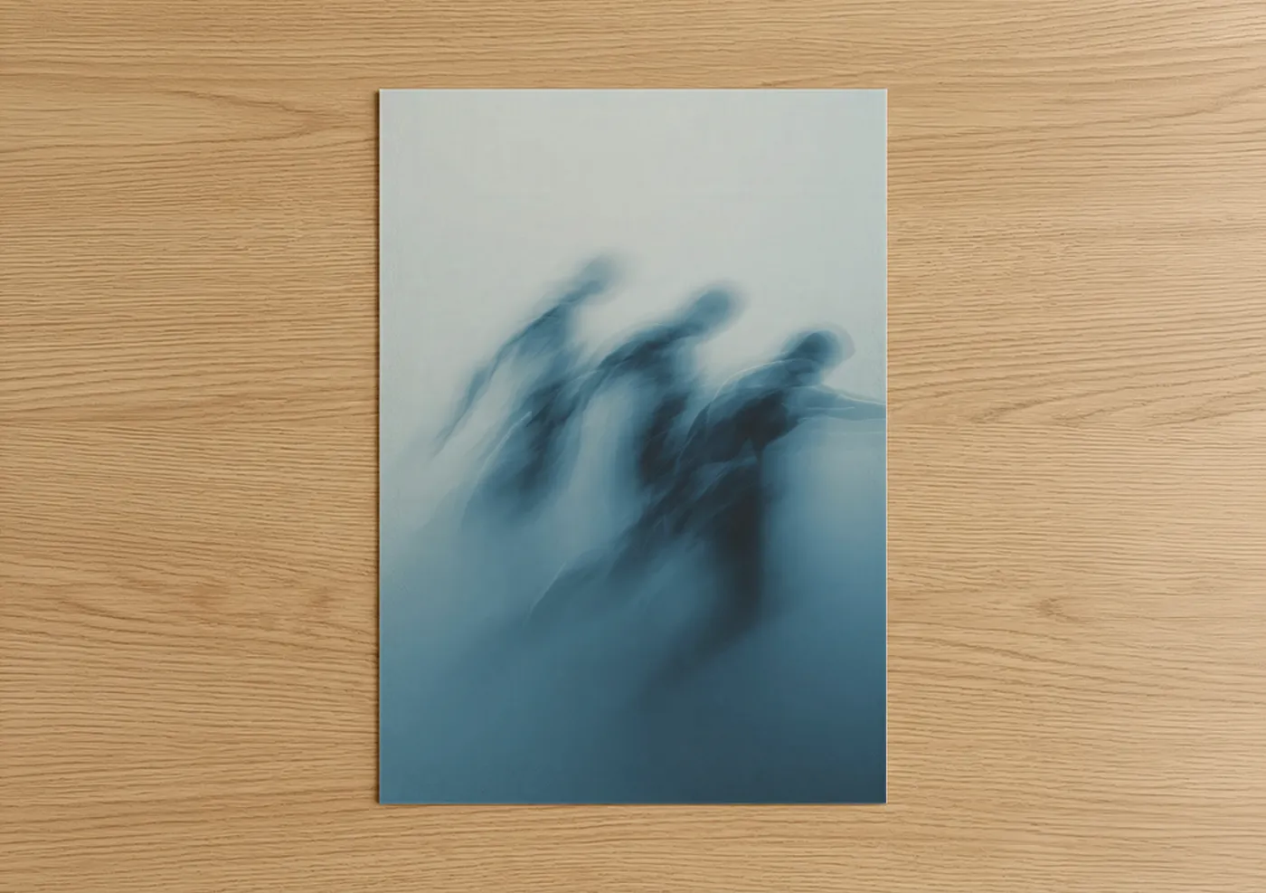 Synchronized swimming art print on warm oak wood — blue and dove gray palette — Ethereal Swimmers poster