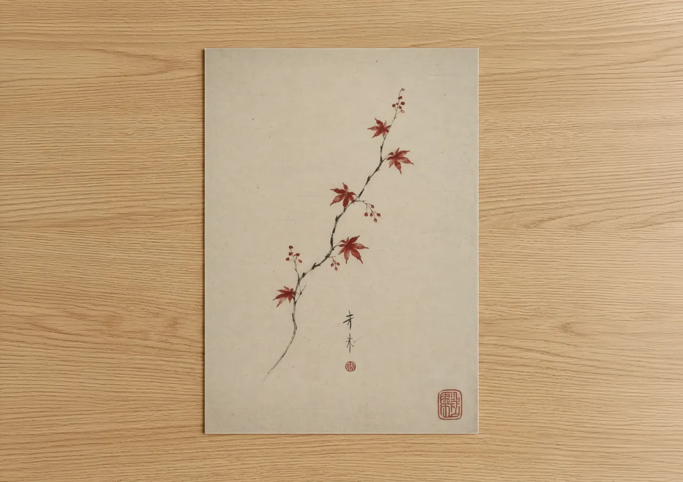 Leaf art print on warm oak wood — beige and maroon palette — Japanese Maple Branch Minimalist Wall Art poster