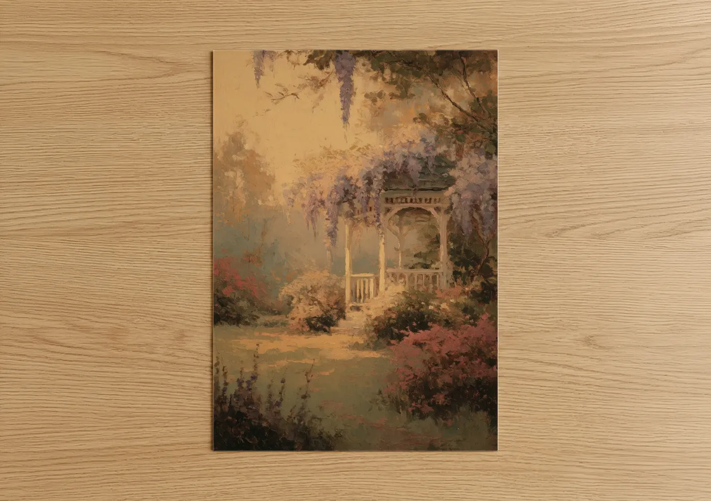 Art print on warm oak wood — champagne gold and lavender palette — Wisteria Arbor poster