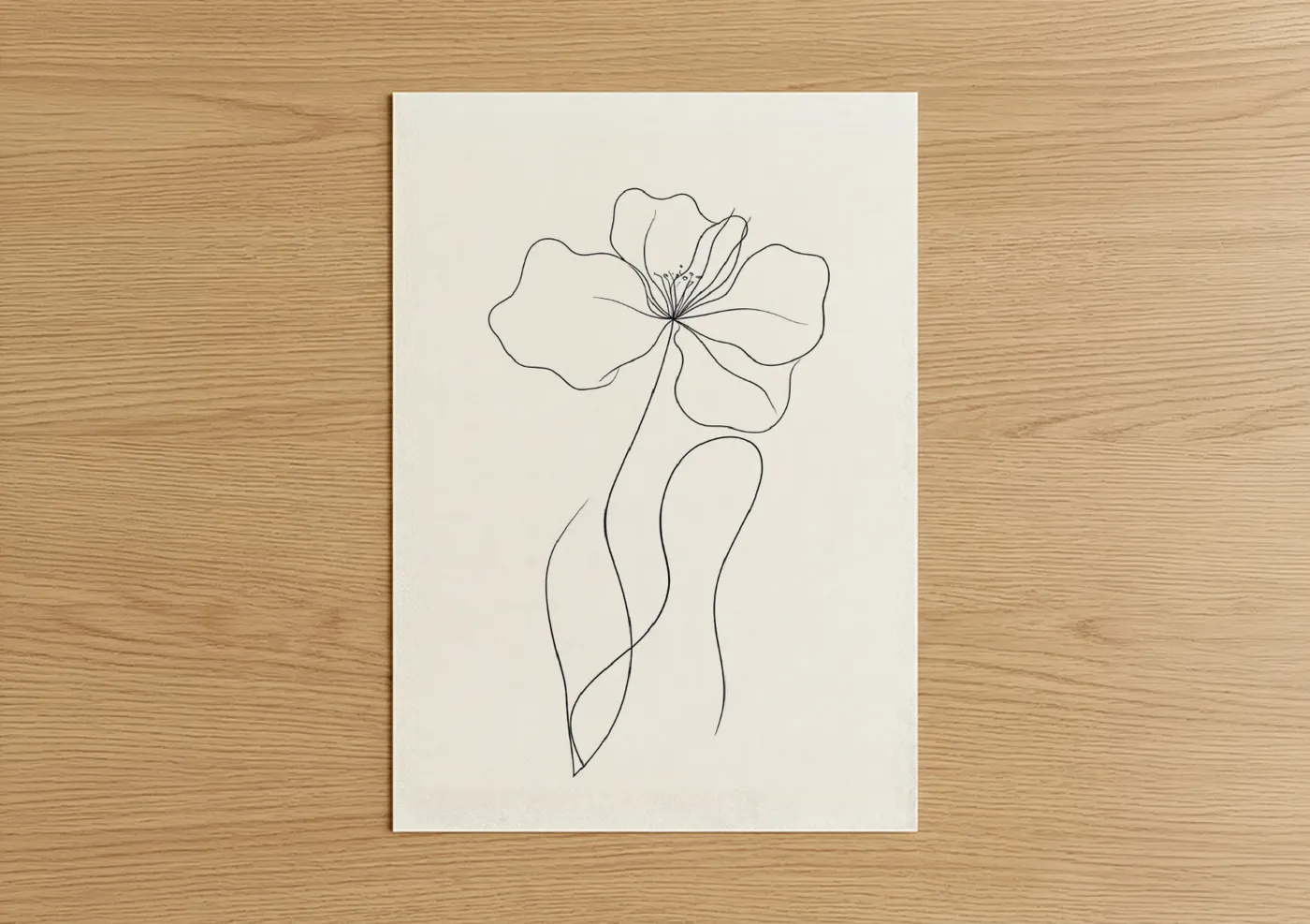 Art print on warm oak wood — black and white palette — Minimalist Hibiscus poster